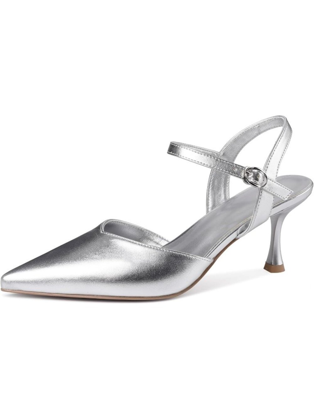 Women's Sliver-pu Kitten Heels Closed Pointed Toe Stiletto Heels Ankle Strap
